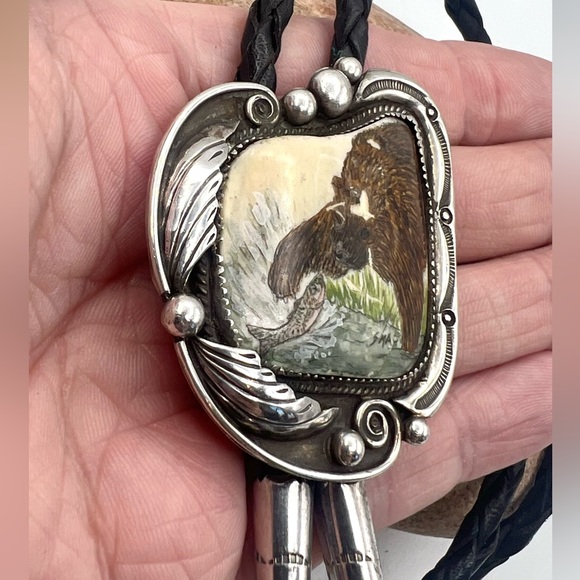 Ivan V Signed Navajo Handmade Sterling Silver Hand Painted Bear Fish Bolo Tie - Picture 4 of 9